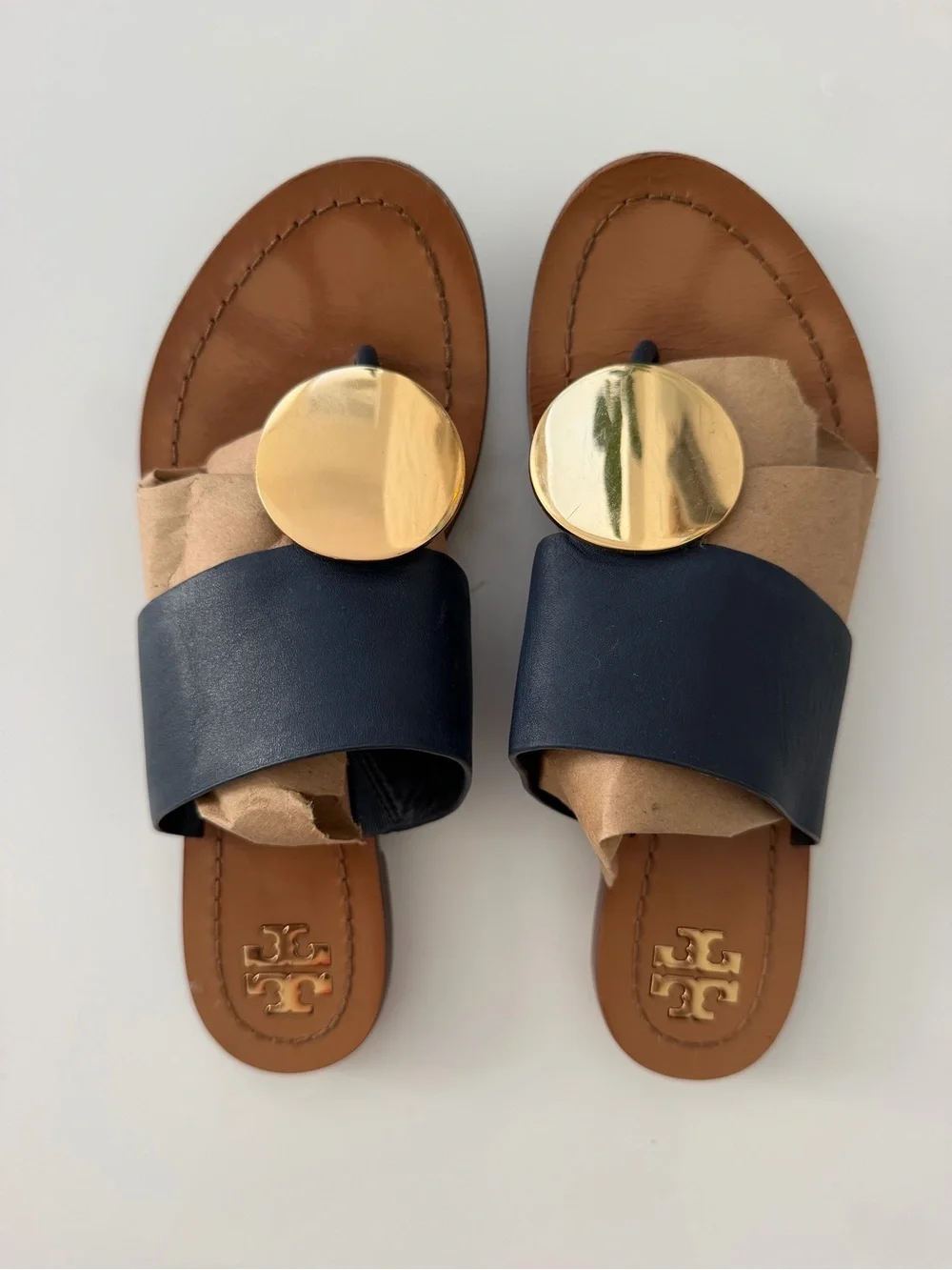 Tory Burch Patos Disk Sandals Navy Gold Leather Size 7M